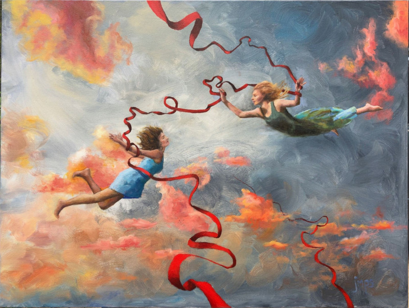 flying people red ribbon colorful clouds